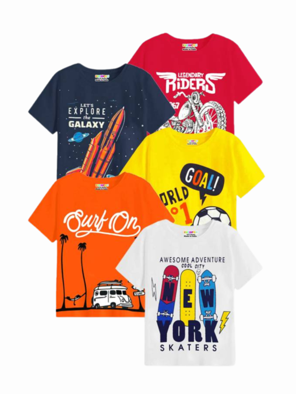 Boys Printed Cotton Blend T Shirt (Black, Pack of 5)